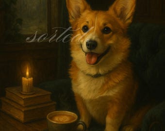 Corgi Art Print Dark Academia Cottagecore Pembroke Welsh Corgi Dog Portrait Printable Vintage Pet Wall Art Cozy Library Decor