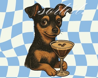 Trendy Dog Art Print Espresso Martini Dog on Checkered Background | Retro Bar Cart Decor | Digital Download | Funny Cocktail Dog Wall Art