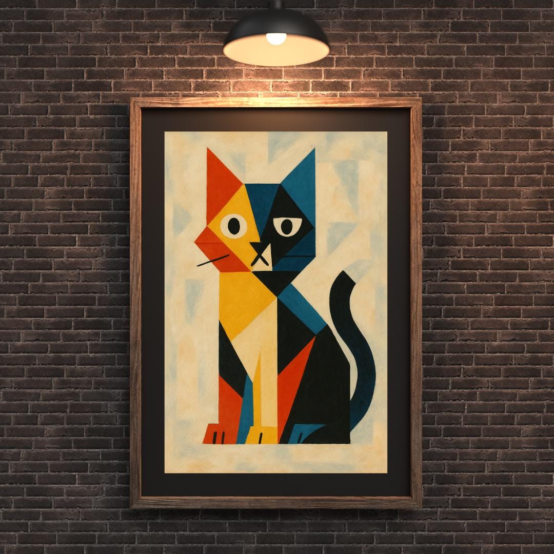 Avant-Garde Geometric Cat Art Print Modern Cubist Style | Digital Download | Abstract Colorful Pet Wall Art | Mid-Century Modern Kitty Decor