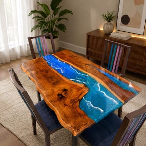 Puede incluir: Una mesa de comedor rectangular con un tablero de madera natural de borde irregular y un diseño de río central hecho de resina azul vibrante con detalles blancos en forma de olas. Incluye cuatro sillas de madera con listones verticales azules y morados.