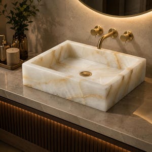 White Onyx Vessel Sink, Luxury Natural Stone Rectangular Bathroom Vanity Basin Decors
