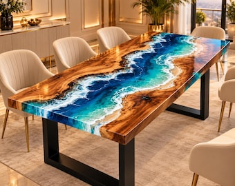 オーシャンウェーブエポキシ樹脂ダイニングテーブル、アカシア材家具、ブルーリバーアート、モダン