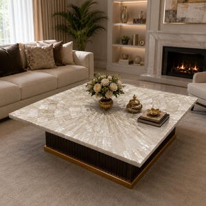 Op de afbeelding: Een vierkante salontafel met een wit parelmoeren inlegblad in een zonnestraalpatroon, een donkerbruine verticale lattenbasis en een gouden metalen rand aan de onderkant, afgewerkt met een bloemstuk en decoratieve objecten.