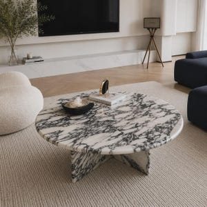 Calacatta Marble Coffee Table, Round Sculptural Stone Centerpiece for Modern Living Room