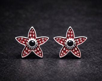 Pendientes de plata de ley 925 con cara de Demogorgon • Esmalte rojo y espinela negra, joyería de Stranger Things