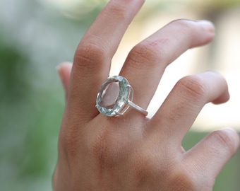 Green Amethyst Cocktail Ring • 925 Sterling Silver, Oval Gemstone