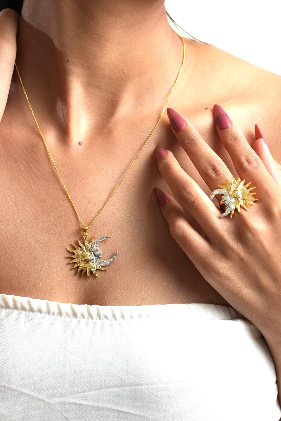 925 Sterling Silver Sun Moon Jewelry Set • Celestial Ring & Pendant - Etsy