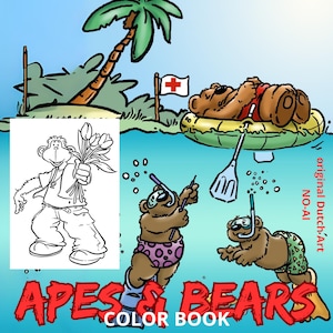 APES AND BEARS color book, original Dutch art, no ai, coloring, coloring pages, printable pages, Pdf, animals, fun animals