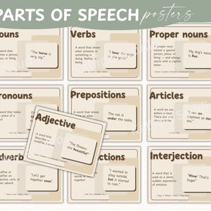 May include: Educational posters featuring parts of speech, including nouns, verbs, and adjectives. Each poster has a definition and example sentence. The posters are beige with a handwritten font and the words "PARTS OF SPEECH posters" at the top.
