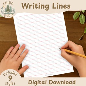 May include: White paper with red and blue writing lines, held by two hands, with a pencil in one hand. The text "Writing Lines" and "Digital Download" are displayed. The image also includes the text "Included 9 styles".