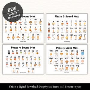 May include: Four educational sound mats with watercolor illustrations and text. The mats are labeled Phase 2, 3, 4, and 5, and feature words and images for phonics learning. The top left corner has a PDF download logo. Text at the bottom says: This is a digital download: No physical items will be sent to you.