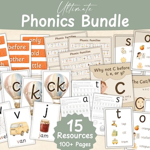 May include: A collection of educational phonics resources. The image features flashcards with words, letters, and illustrations, including hot air balloons, a spider web, and a jar of jam. The text reads "Ultimate Phonics Bundle" and "15 Resources 100+ Pages."