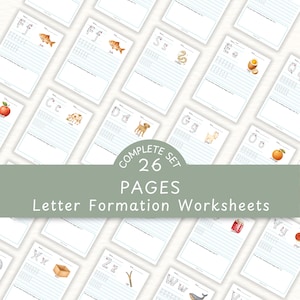 Op de afbeelding: Een set van 26 werkbladen voor lettervorming. Elke pagina bevat een letter, traceerhulpmiddelen en een illustratie van een object dat met die letter begint. Ontworpen voor jonge leerlingen.
