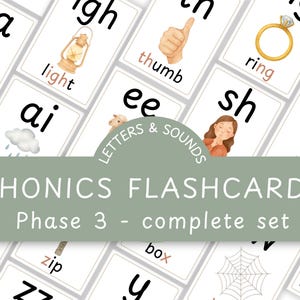 May include: A collection of flashcards for learning phonics. Each card features a watercolor illustration and a corresponding word, such as "light" and "ring." The set is labeled "Phase 3 - complete set" and includes the text "Letters & Sounds" and "PHONICS FLASHCARDS."