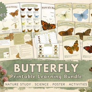 Può includere: Una raccolta di materiali didattici stampabili sulle farfalle. Il pacchetto include pagine con illustrazioni, fatti e attività sulle farfalle. Il titolo "BUTTERFLY Printable Learning Bundle" è visualizzato in modo prominente, con le parole "NATURE STUDY, SCIENCE, POSTER, ACTIVITIES" sottostanti.