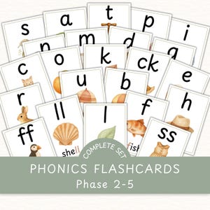 May include: A set of white flashcards displaying lowercase letters with related illustrations, including a cat, umbrella, and fish. The cards are labelled "PHONICS FLASHCARDS Phase 2-5".