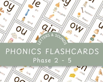 May include: A set of phonics flashcards for phases 2-5, featuring illustrations and words like "toys," "pie," and "cow." The cards are arranged in a grid, with a green banner reading "Letters & Sounds" and "Phonics Flashcards."