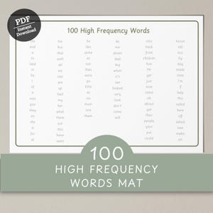 May include: A white educational chart with a green border, listing 100 high-frequency words. The words are organized in columns. The chart includes the text "100 High Frequency Words" and "100 High Frequency Words Mat". A PDF download is available.