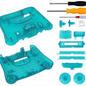 May include: A transparent teal replacement shell for a gaming console, with various internal components and three screwdrivers. The shell is made of clear plastic, allowing a view of the internal components. The components include buttons and other small parts.