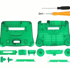May include: A translucent green replacement shell kit for a video game console, including top and bottom housing pieces, various buttons, and two screwdrivers with black and orange handles. The text 2in1 is printed near the orange screwdriver.