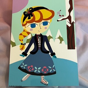 May include: A colorful illustration of a girl ice skating in a winter scene. The girl has blonde hair, blue eyes, and wears a blue dress with floral accents and a black jacket. A bird perches on a tree branch. The text "Gaikoku Invasion" is at the bottom.