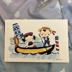 May include: A colorful illustration depicts two cartoon figures in a gondola on water. The gondolier wears a hat and striped shirt, while the passenger wears a beret. A tower and striped pole are in the background. The artwork is signed.