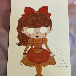 May include: A hand-drawn illustration of a cartoon girl with brown hair and a red bow. She wears a brown and red dress with a matching apron. The text on the image reads "Bernice Shire Fan Sherlock Ronnie She's one of Ronnie's classmates."