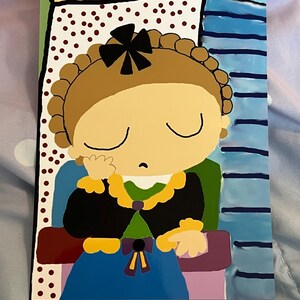 May include: A colorful painting of a cartoon girl with closed eyes, wearing a black jacket, blue dress, and a brown hairstyle with a black bow. The background features a dotted pattern and blue stripes.