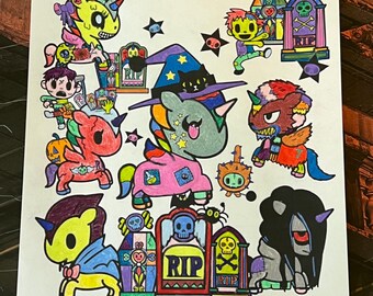 Tokidoki Halloween Unicornos hand colored printed coloring page illustration wall art (unframed)