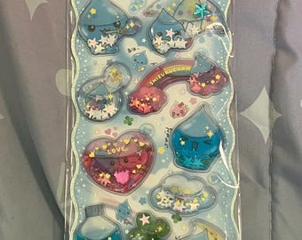 Shizukuchan kawaii Raindrop sprites characters sparkly water puff sticker set (blue)—Made in Japan