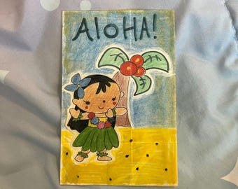 Aloha Hawaiian hula girl tropical paradise Hawaii original artwork by Aika Avello handmade bookmark