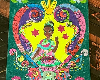 Tiana and the disney princesses in silhouettes hand colored illustration ephemera double sided from Disney princess art of coloring book