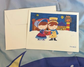 Caroling in London—English children—Original artwork by Aika Avello—printed illustration Christmas greeting card with an envelope