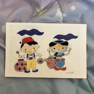 May include: A hand-drawn illustration featuring two cartoon characters in traditional attire. The characters stand near brown pots, with blue cloud-like shapes above them. The artwork is on a white rectangular card.