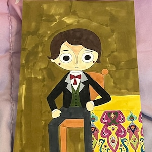 May include: A hand-painted illustration of a person in a black suit, green vest, and red bow tie, seated on a wooden chair. The background is a golden hue, and the bottom of the artwork features a decorative border with colorful patterns. The artwork is signed.