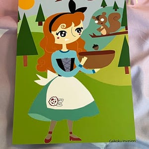 May include: A colorful illustration of a girl in a blue top and white apron holding a bowl, with a squirrel in a tree. The background features a green landscape, trees, and a sun. The artwork is signed "Gaikoku Invasion".