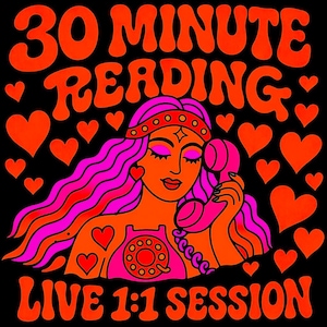 May include: A retro-style illustration on a black background. The image features a woman with pink hair and a headband holding a pink telephone. The text "30 MINUTE READING" and "LIVE 1:1 SESSION" are in orange, along with orange hearts.