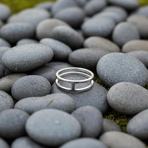 Könnte beinhalten: Ein silberner Ring mit Doppelband-Design und einem vertikalen Steg in der Mitte. Der Ring liegt auf einem Bett aus glatten, grauen Steinen, mit einem verschwommenen grünen Hintergrund.