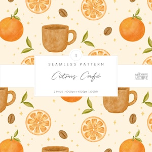 Citruscafé | Handritat akvarell sömlöst mönster | Mysigt apelsin- och kaffedigitalt papper (PNG)