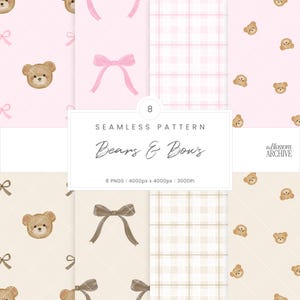 Può includere: Una collezione di otto motivi senza cuciture con orsetti e fiocchi in morbidi colori pastello. I motivi includono sfondi rosa, beige e bianchi con disegni ripetuti di facce di orsetti, fiocchi e motivi a quadretti. Il testo "Bears & Bows" è visualizzato.