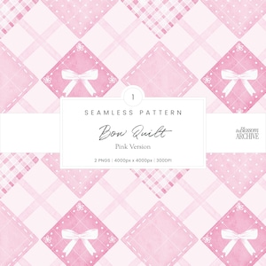 May include: A seamless pink pattern featuring a repeating design of pink quilted squares with white bows and floral accents. The design includes a grid pattern and the text "Bow Quilt Pink Version".