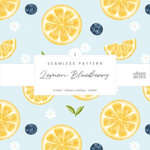 Lemon Blueberry | Hand-Drawn Watercolor Seamless Pattern | Fruit Floral Digital Paper (PNG)