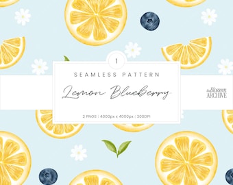 Lemon Blueberry | Hand-Drawn Watercolor Seamless Pattern | Fruit Floral Digital Paper (PNG)