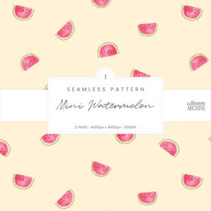 Può includere: Un motivo senza giunture con illustrazioni ad acquerello di fette di anguria rosa con semi neri su sfondo giallo pallido. Un riquadro rettangolare bianco mostra il testo 1 SEAMLESS PATTERN Mini Watermelon 2 PNGS 4000px x 4000px 300DPI.