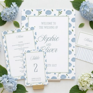 Wedding Day Of Template Set | Blue Hydrangea | Canva Editable | Menu Card Table Number Welcome Sign Name Card | BA-W01