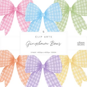 Può includere: Sei fiocchi a quadretti vichy ad acquerello in colori pastello: rosa, blu, verde, arancione, viola e giallo. I fiocchi sono disposti su uno sfondo bianco. Il testo sull'immagine recita "Gingham Bows" e "Clip Arts".