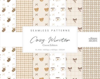 May include: A collection of seamless patterns with a cozy winter theme. The patterns feature stockings, teddy bears, coffee cups, bows, and plaid designs in shades of brown and beige. The text "Cozy Winter" is displayed on a white background.