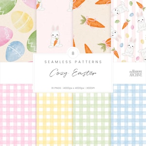 May include: A selection of eight seamless Easter-themed patterns. The designs feature watercolour eggs, rabbits with carrots, and gingham checks in pastel shades. The text "Cozy Easter" is written in a handwritten style.
