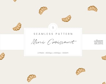 Mini Croissant | Hand-Drawn Watercolor Seamless Pattern | Bakery Pastry Digital Paper | PNG