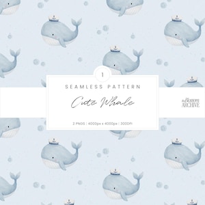May include: Seamless pattern featuring light blue whales wearing sailor hats, set against a pale blue background with bubbles. The text "Cute Whale" is displayed in a white rectangle. The Blossom Archive logo is in the corner.